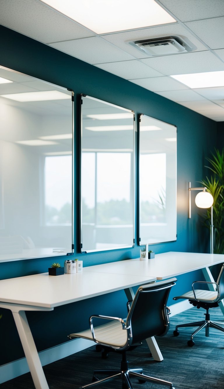 Two sleek white desks with wall-mounted whiteboards above, surrounded by stylish office decor