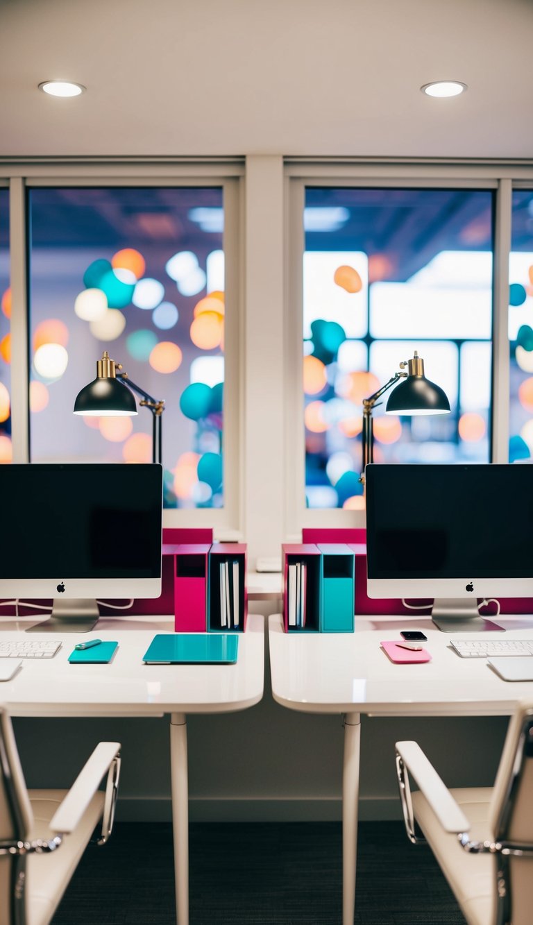 A pair of sleek, modern desks adorned with matching color-coordinated desk accessories, creating a stylish and organized shared workspace