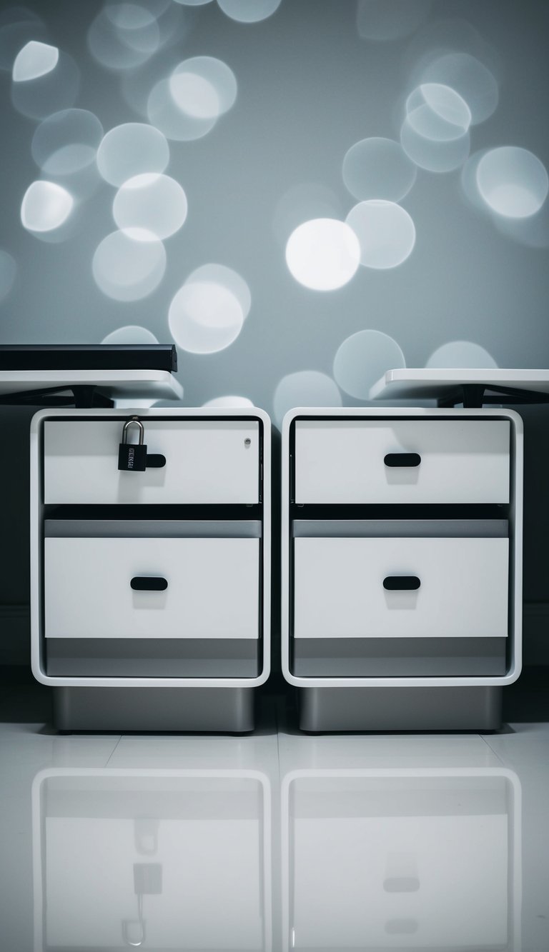 Two sleek, modern desks side by side with matching under-desk drawers, one of which is locked
