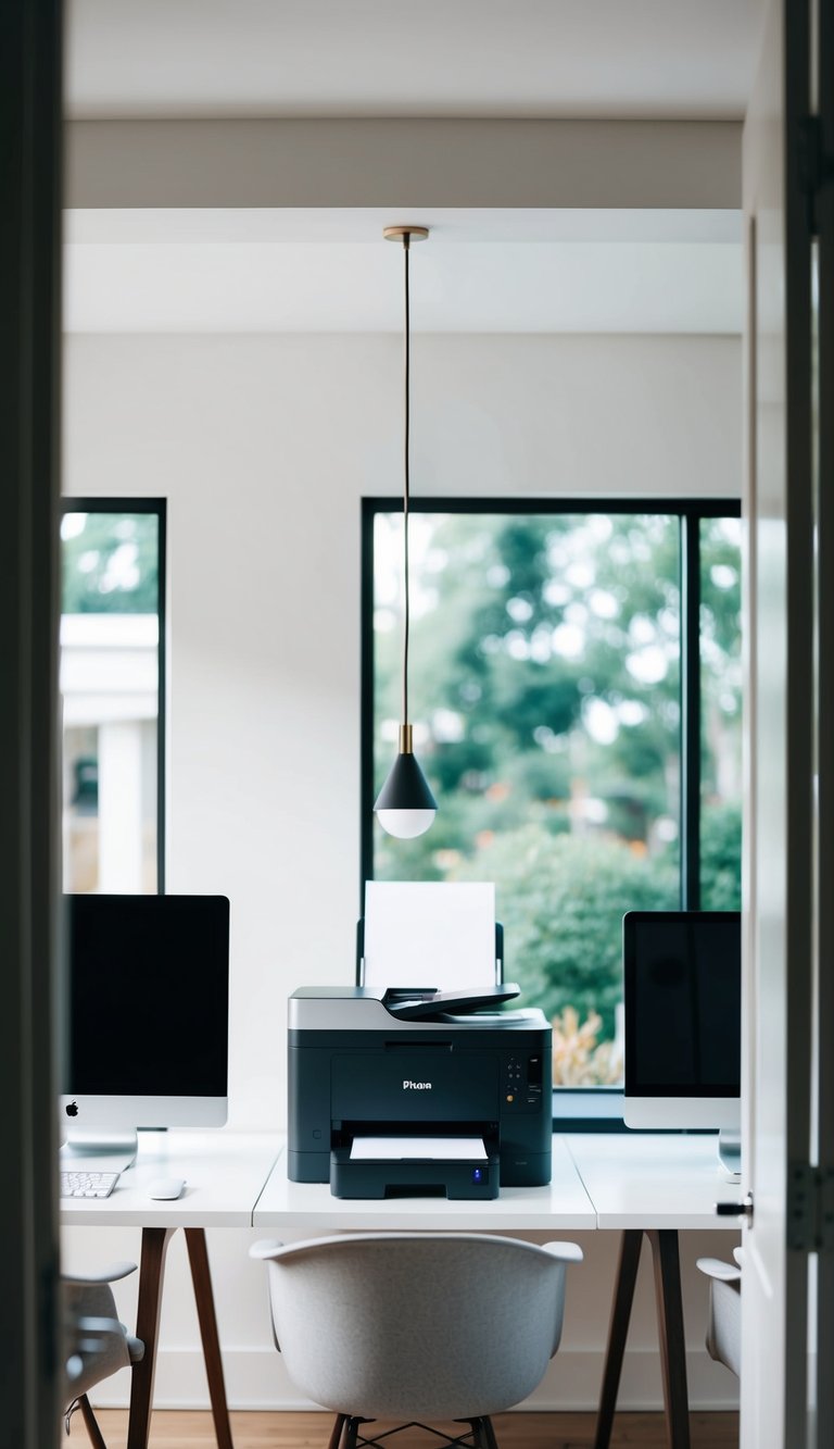A sleek, modern printer station sits between two stylish desks in a home office, with clean lines and minimalistic design