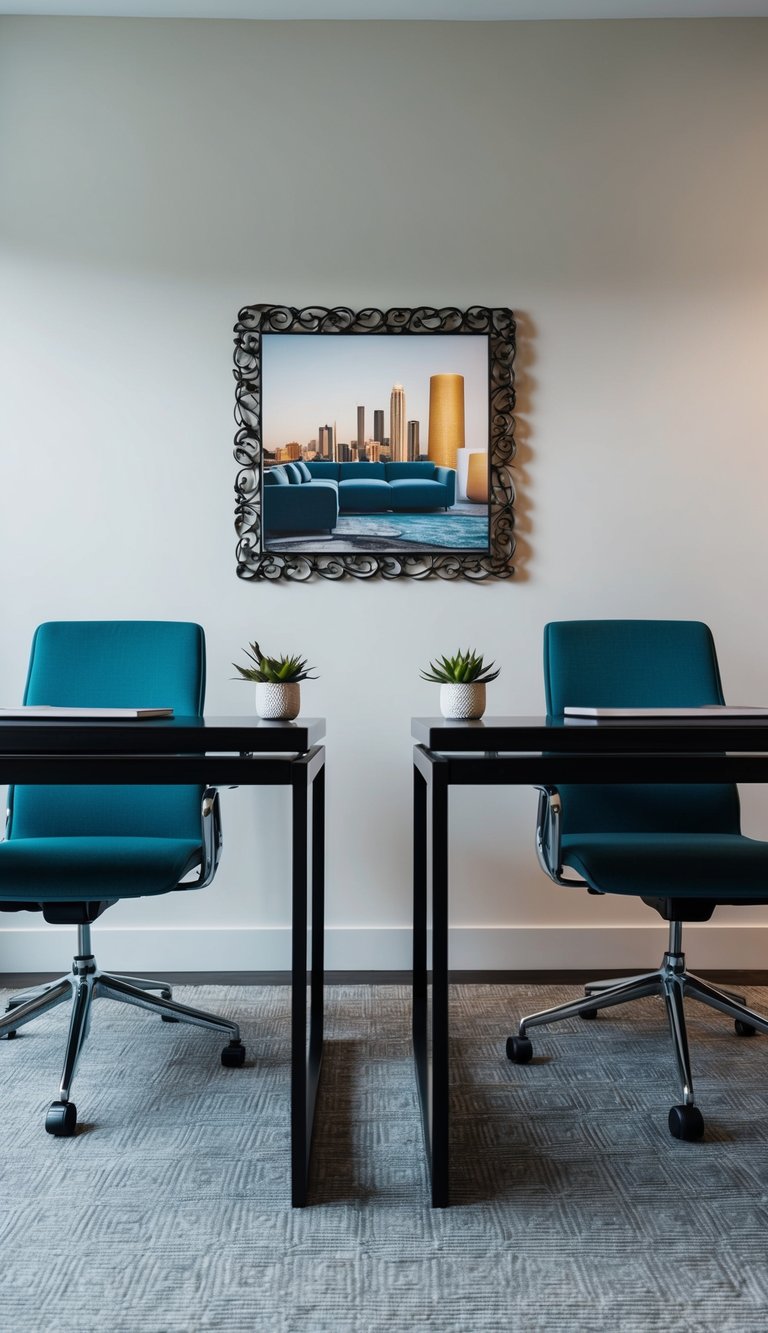Two sleek, modern desks with coordinating chairs sit in front of a decorative wall art piece depicting a stylish home office setup