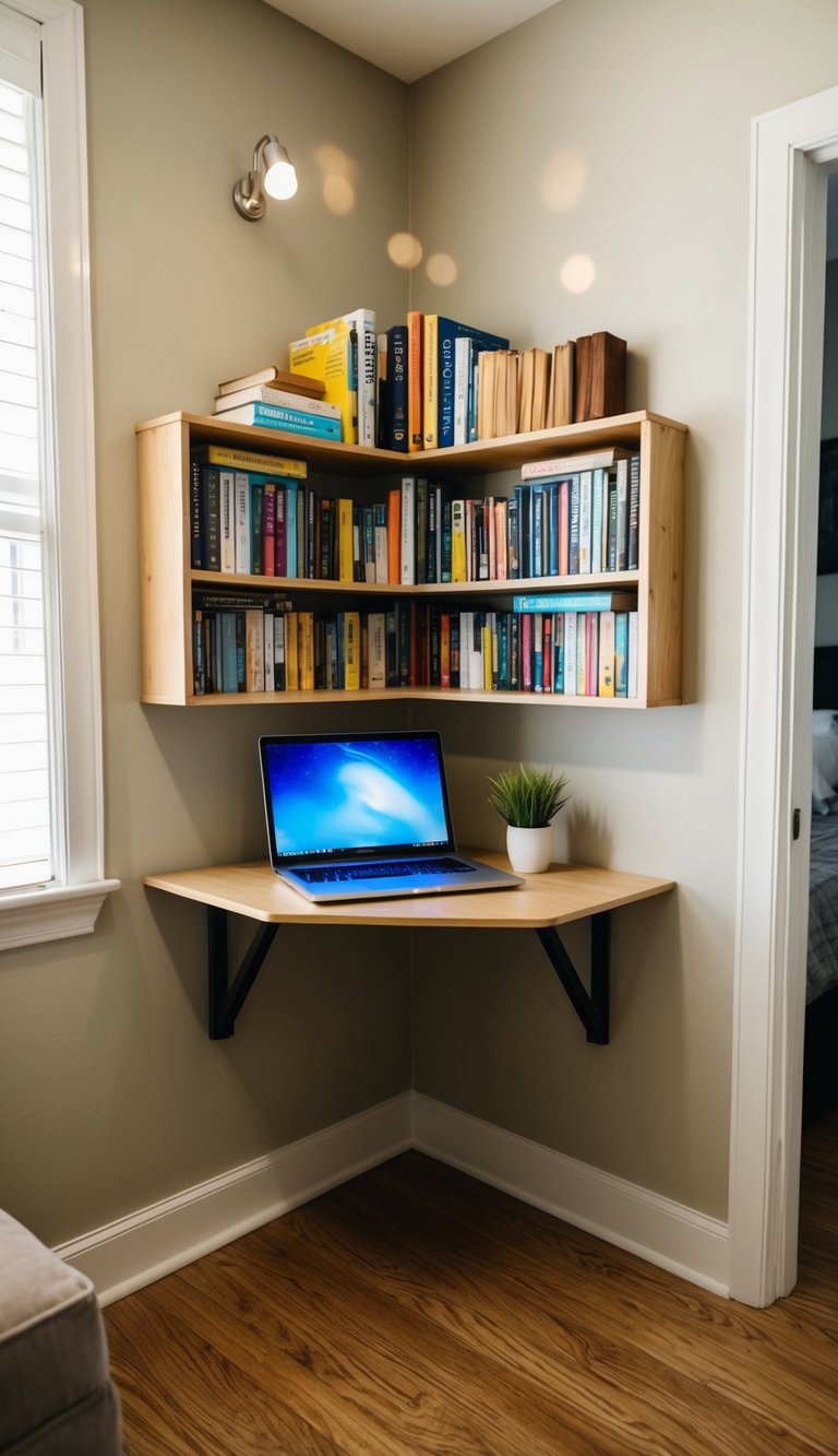 A small room with a fold-down corner wall desk, neatly organized with books and a laptop, maximizing space