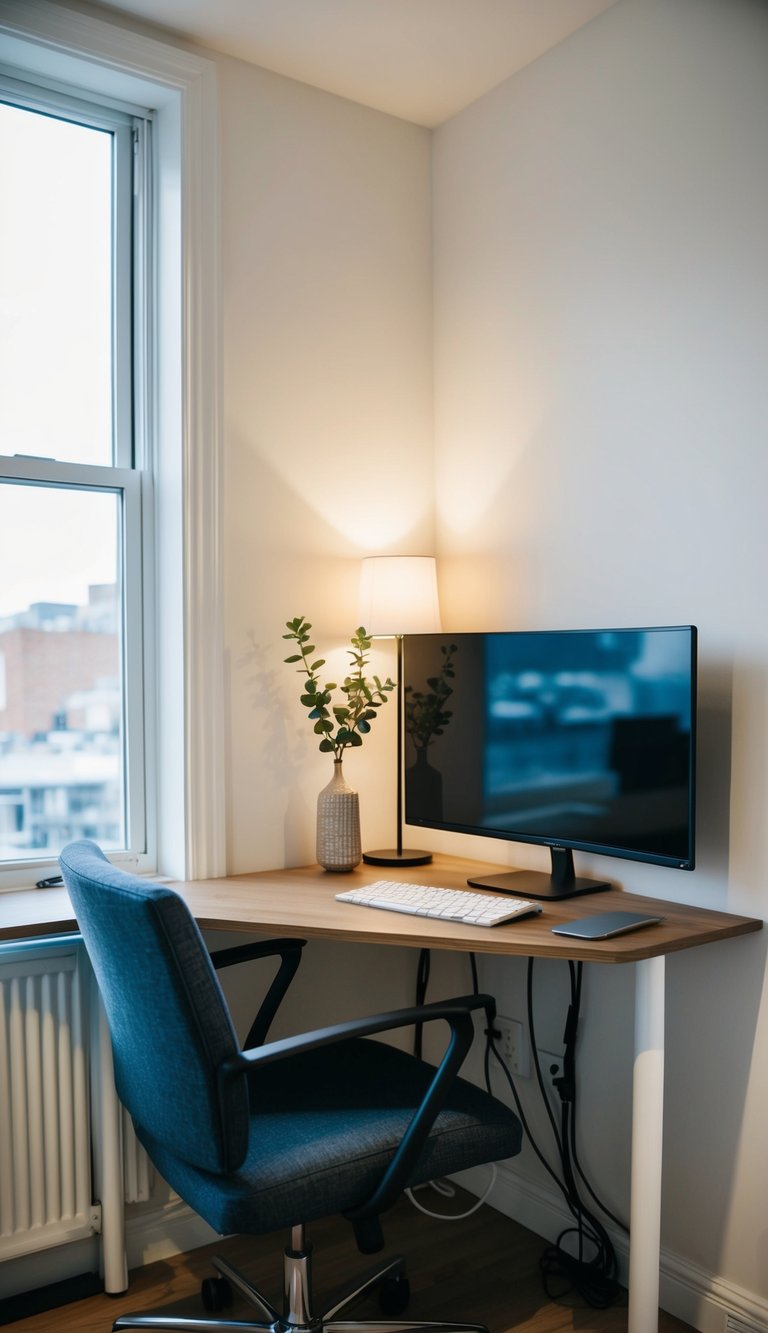 A corner desk with cable management in a small room with minimal decor and efficient use of space