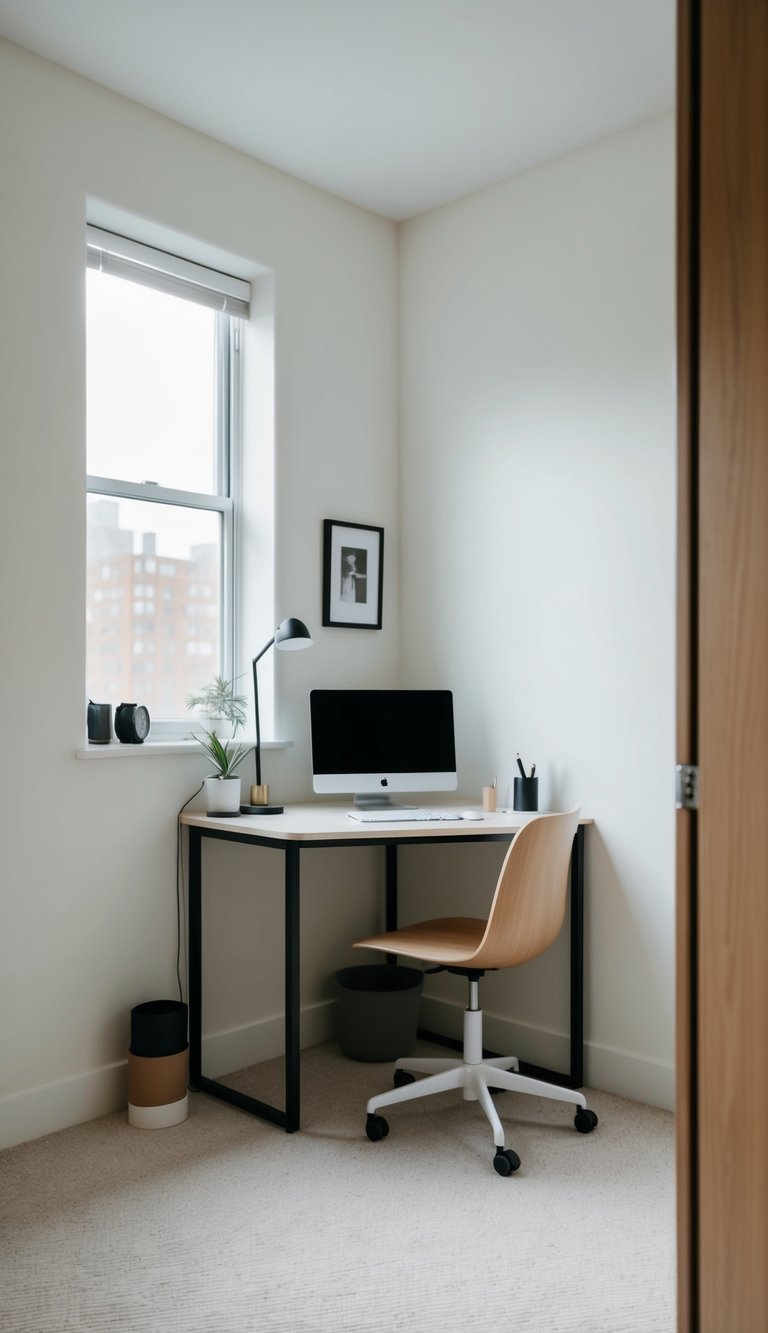A small room with a neatly organized corner desk, featuring a slim profile to maximize space. The desk is simple and functional, with minimal clutter around it