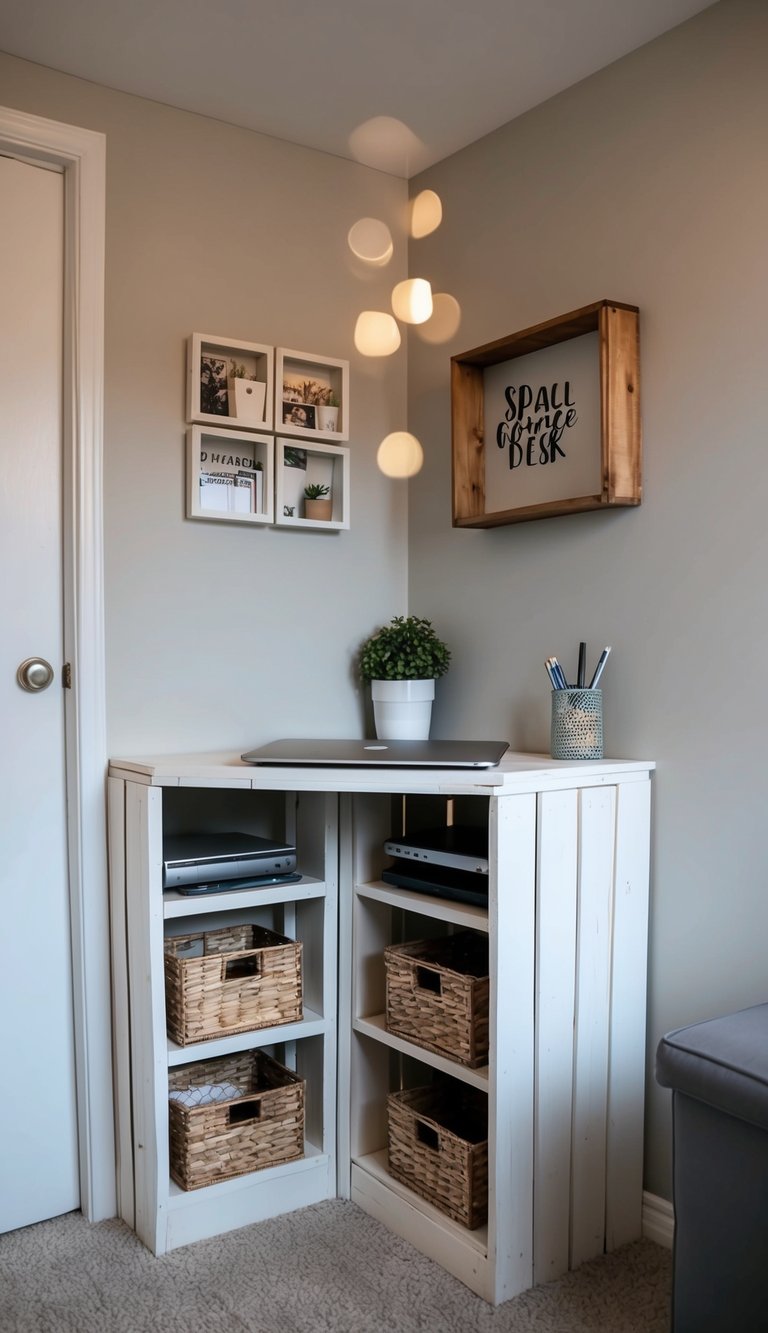 A cozy corner of a small room with a DIY pallet corner desk, featuring built-in storage compartments and space-saving design