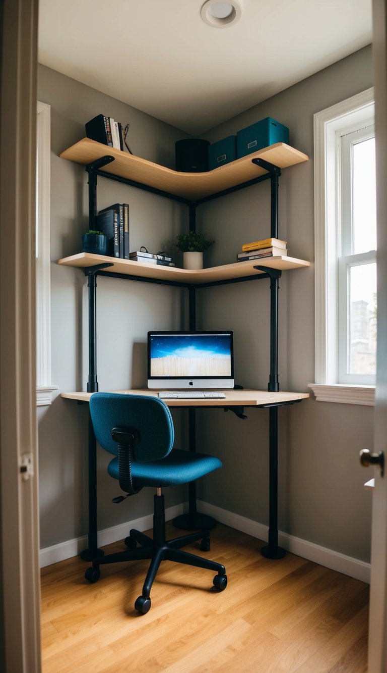 A corner desk with adjustable height, surrounded by shelves and a chair, fits snugly in a tiny room