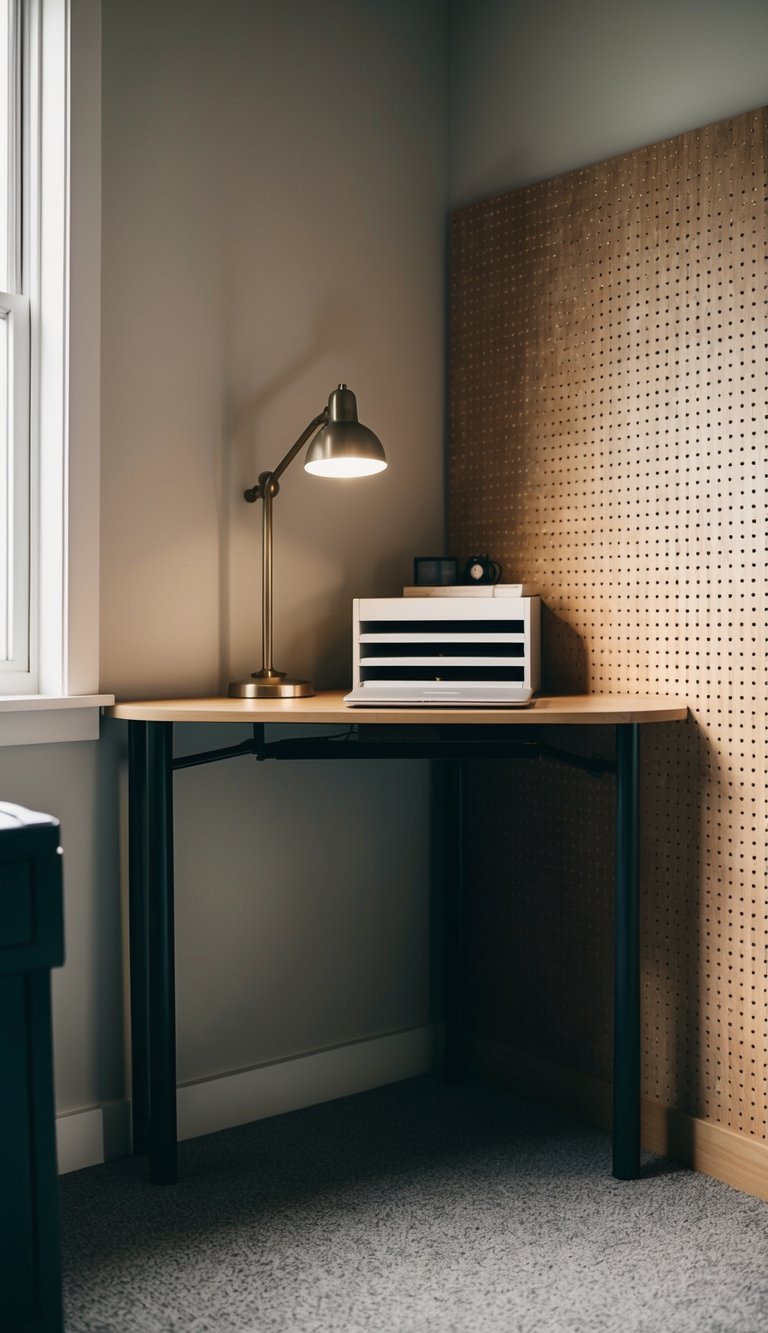 A corner desk against pegboard walls in a small room
