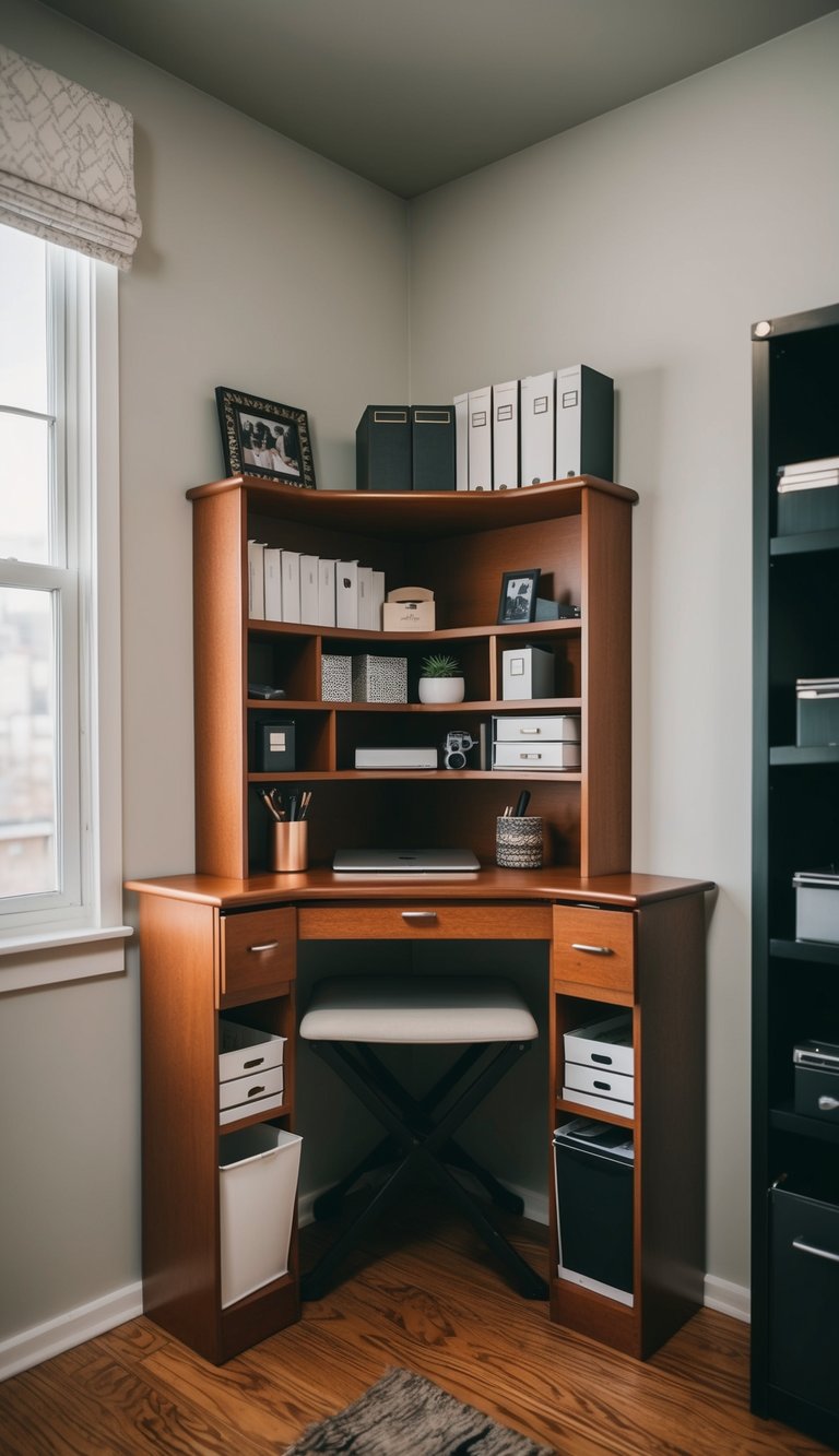 A corner desk with hidden compartments, neatly organized in a tiny room