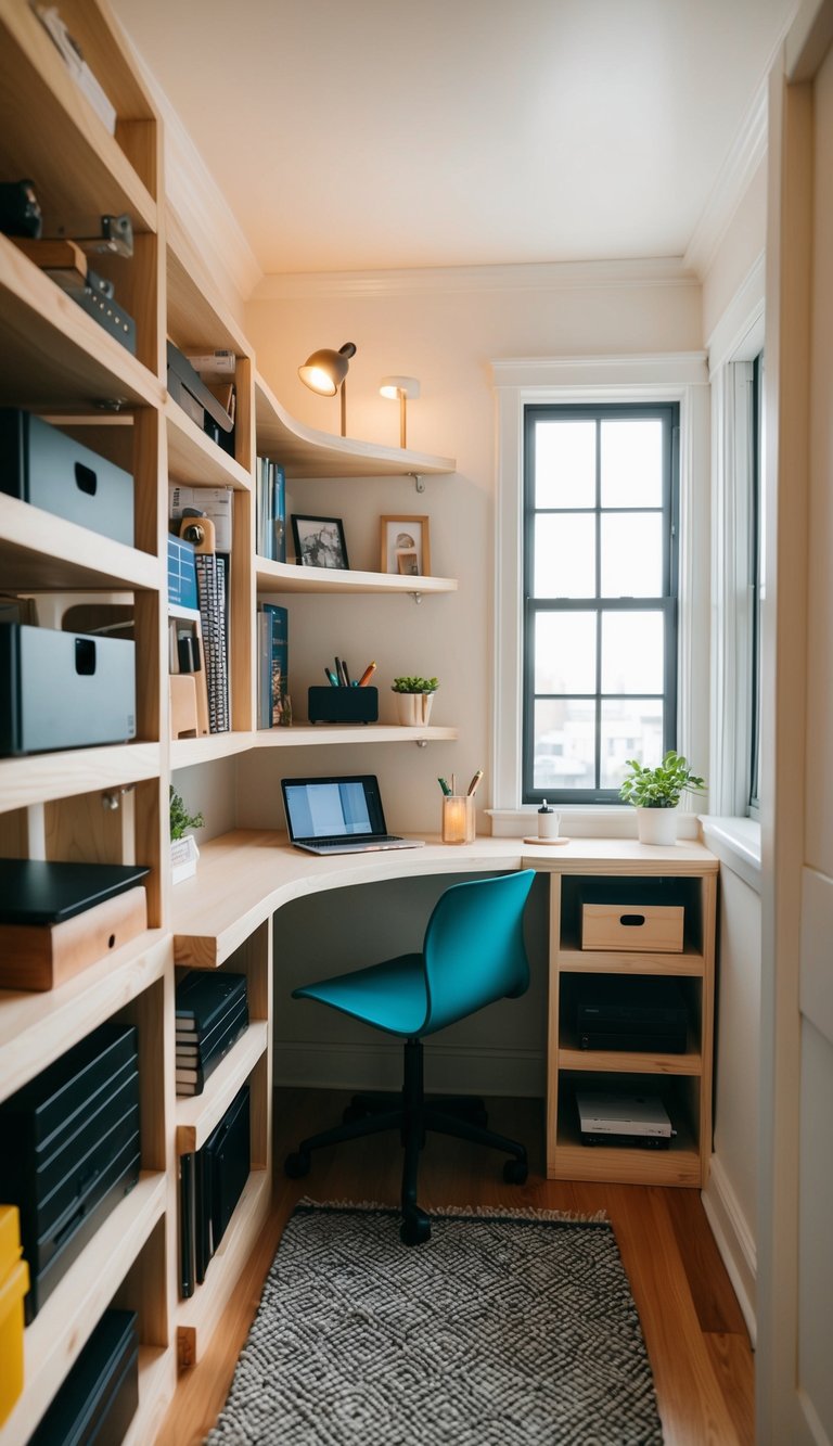 A cozy room with multi-tiered corner desks, maximizing space in a tiny room
