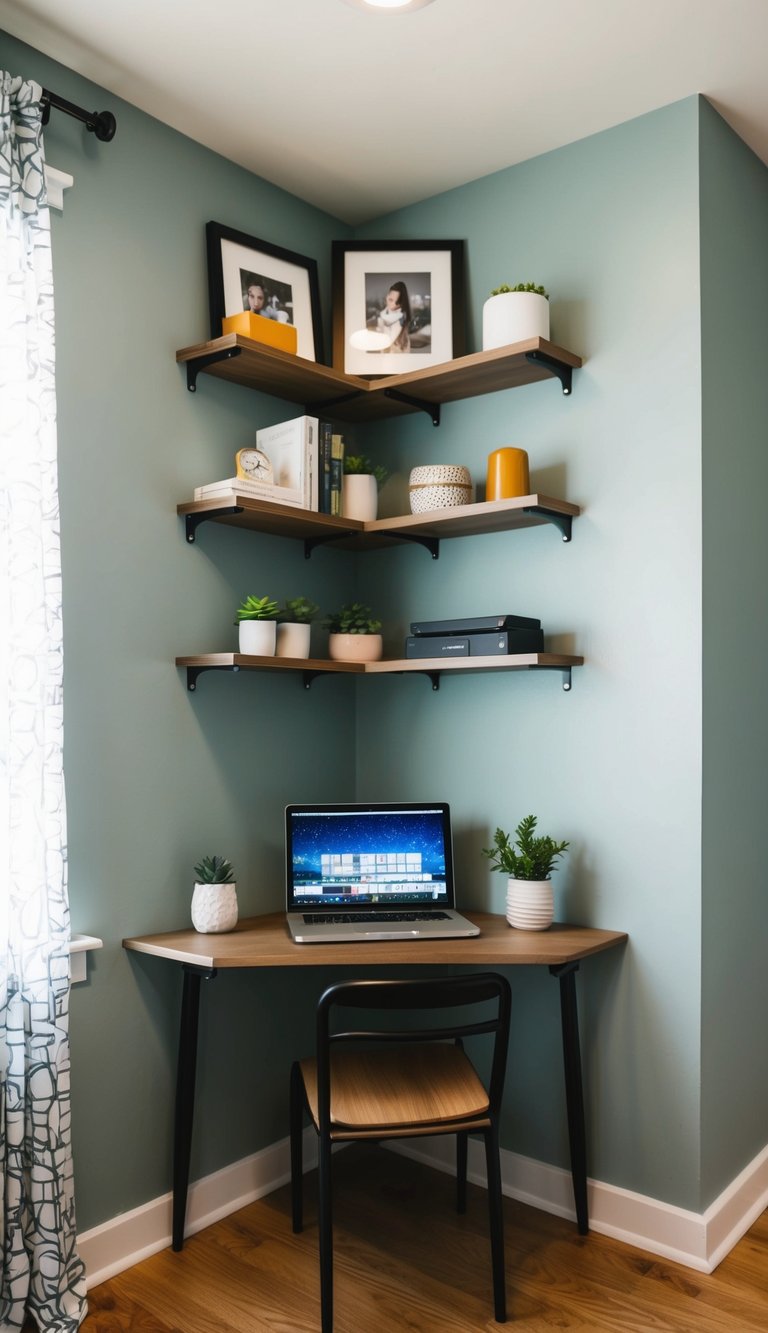Shelves mounted above a corner desk in a small room