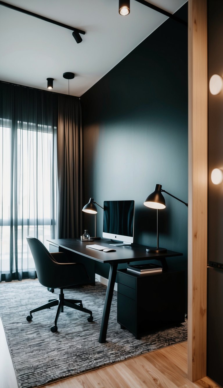 A sleek home office with matte black accent walls, modern furniture, and dramatic lighting