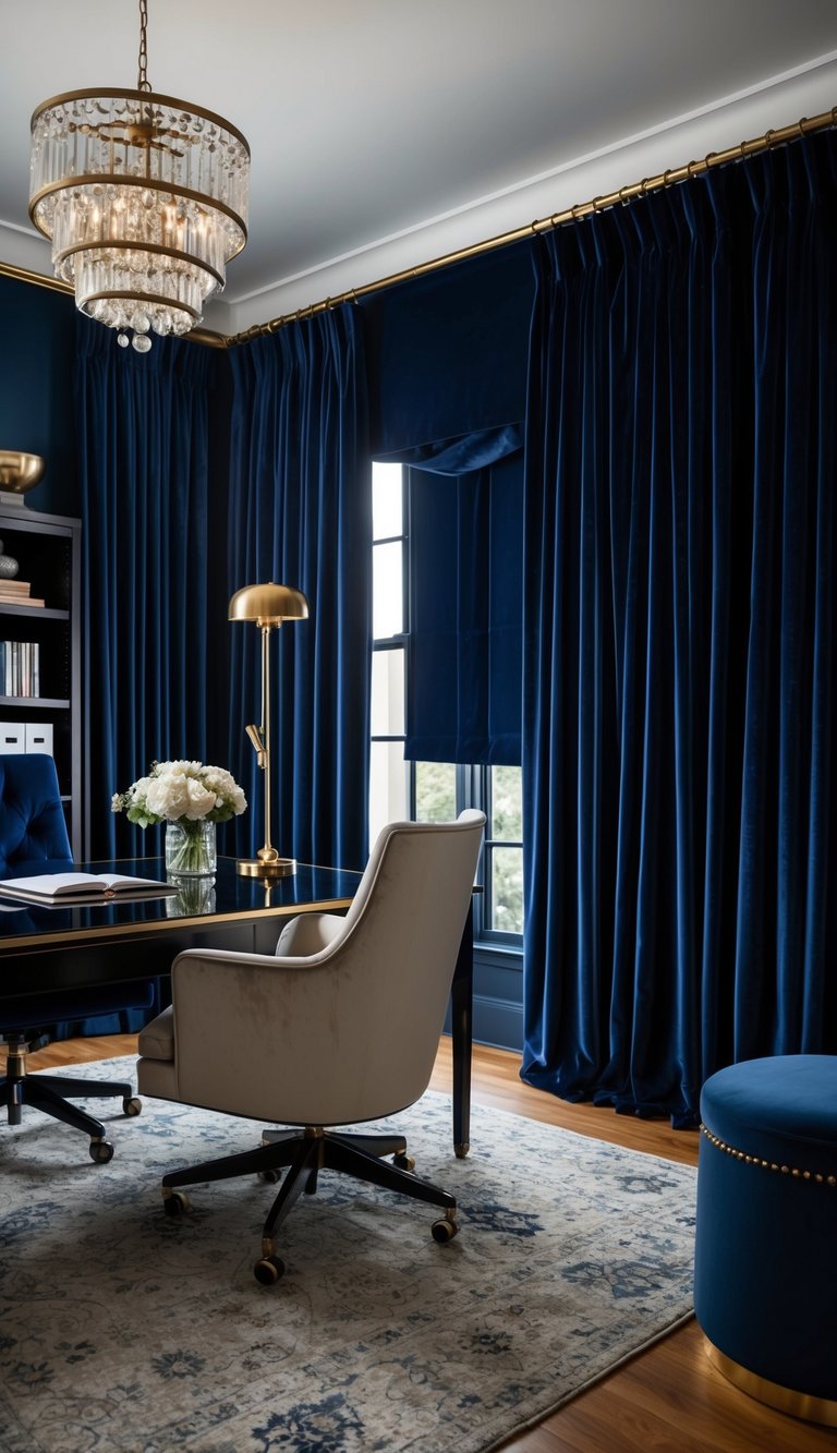 A home office with dramatic navy blue velvet curtains, creating a luxurious and moody atmosphere
