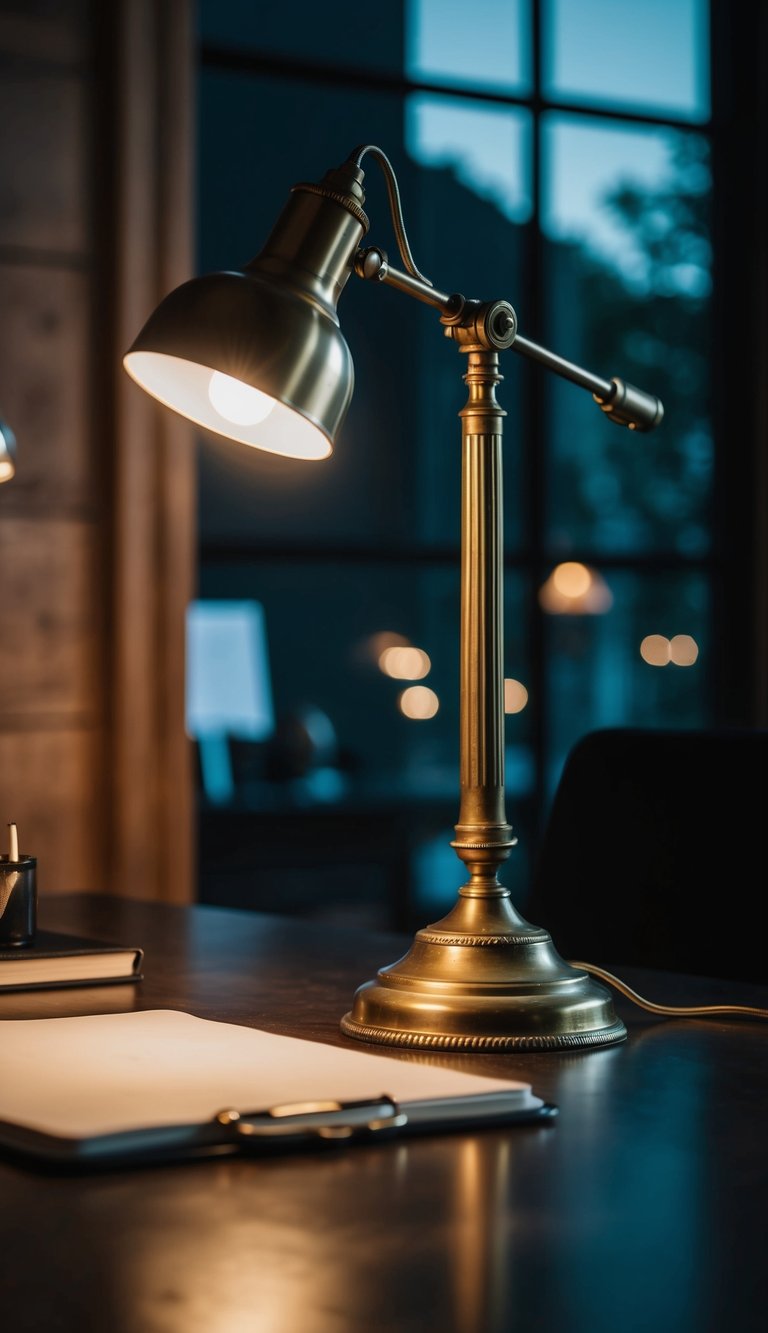 A vintage brass desk lamp illuminates a dark home office with dramatic ambiance