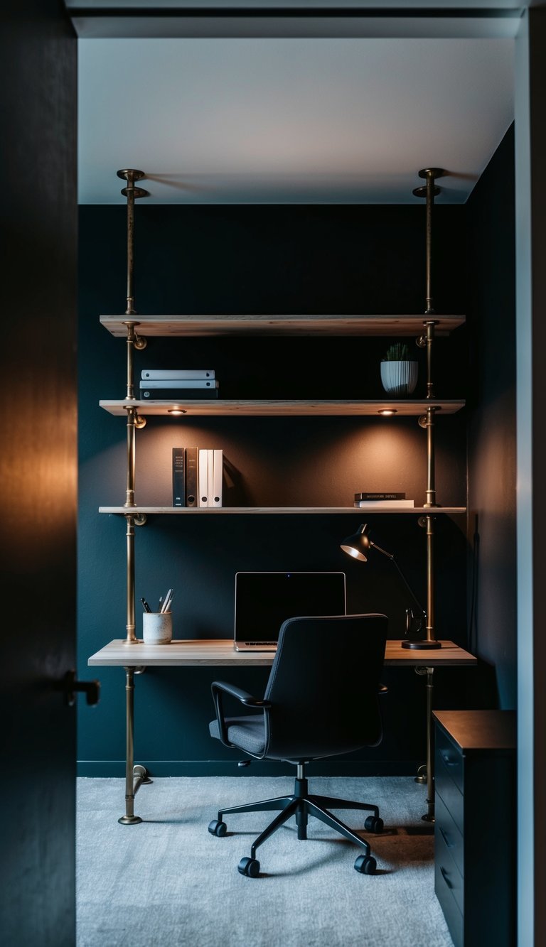 A dark home office with industrial pipe shelving, dramatic lighting, and sleek modern furniture