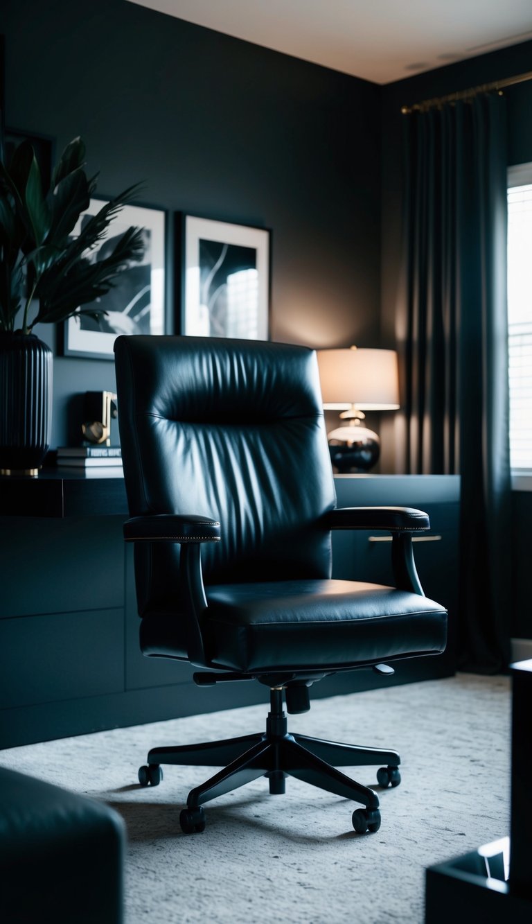 A sleek black leather executive chair sits in a dimly lit home office, surrounded by dramatic dark decor and design elements