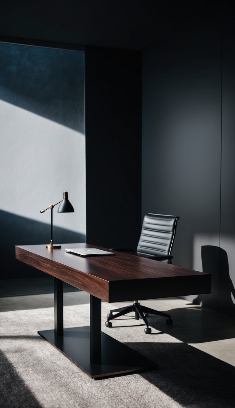 A sleek, dark walnut floating desk sits against a moody backdrop in a modern home office, with dramatic lighting casting shadows across the space