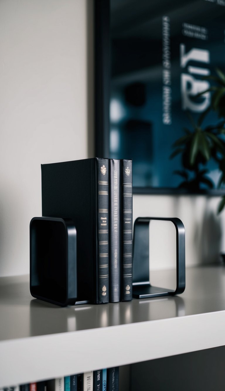 Two sleek black metal bookends holding up a row of dramatic, dark-hued books on a modern home office shelf