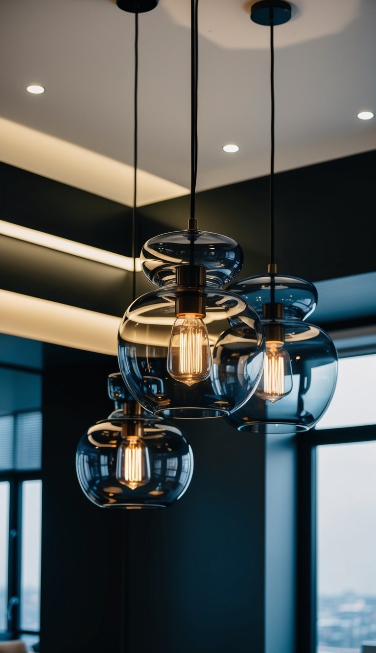 Three smoky glass pendant lights hang above a sleek, modern home office with dark walls and dramatic lighting