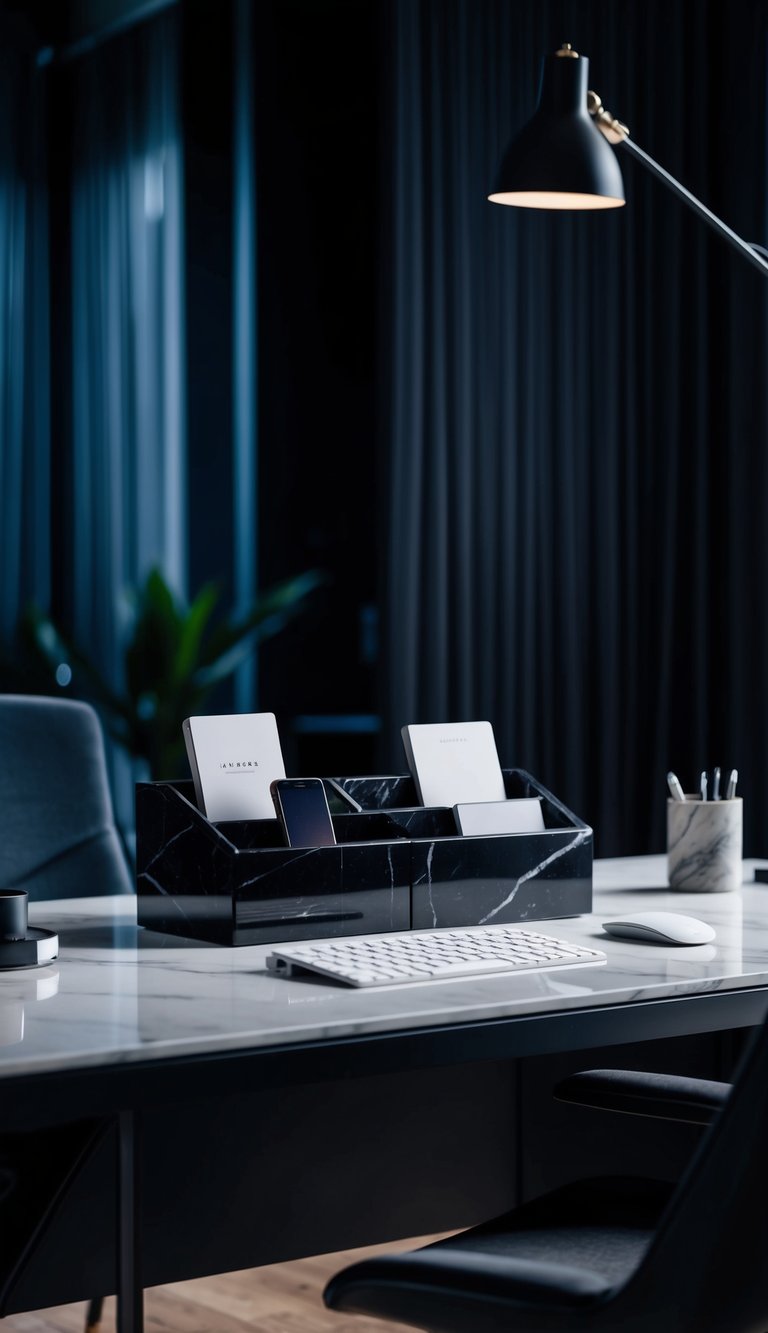 A sleek black marble desk organizer sits on a modern desk in a dimly lit home office, surrounded by dramatic and dark design elements
