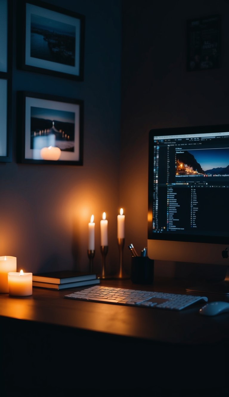 A dimly lit desk in a shadowy home office, illuminated by the warm glow of candles in the corners