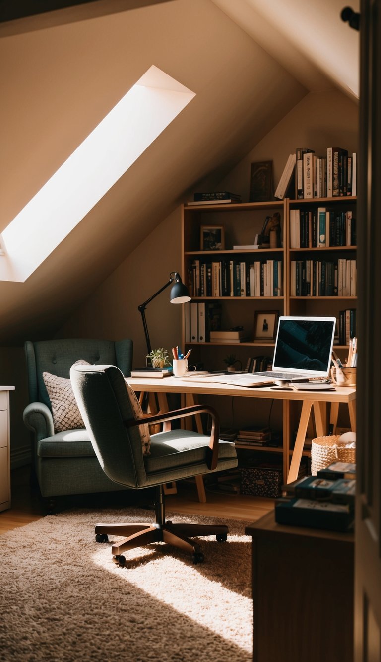 Soft light fills a cozy attic home office, casting warm shadows on a cluttered desk and bookshelves. A comfortable armchair sits in the corner, inviting relaxation