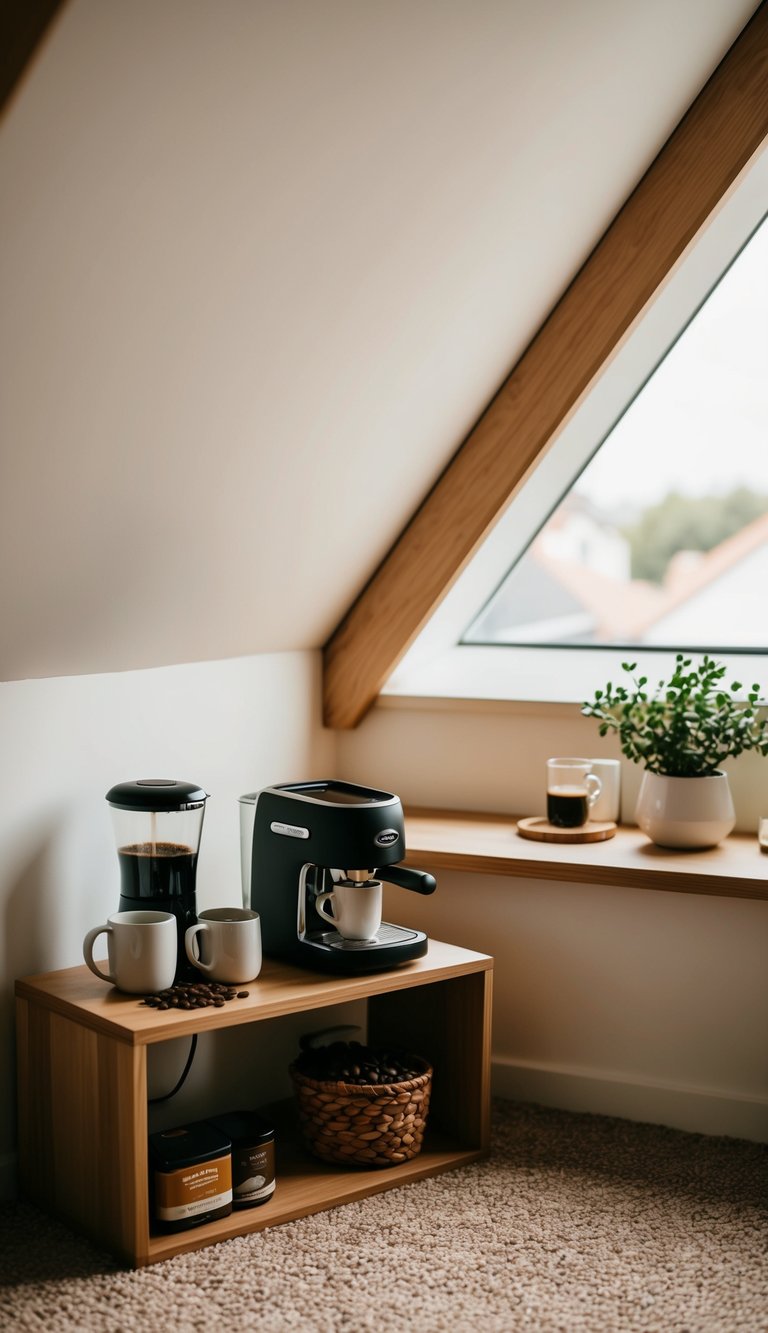 A cozy attic home office with a compact coffee station nestled in the corner, complete with a small espresso machine, mugs, and a selection of gourmet coffee beans
