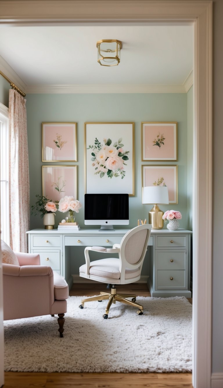 A cozy home office with soft pastel hues, floral accents, and elegant decor. A plush rug and comfortable chair create a stylish workspace