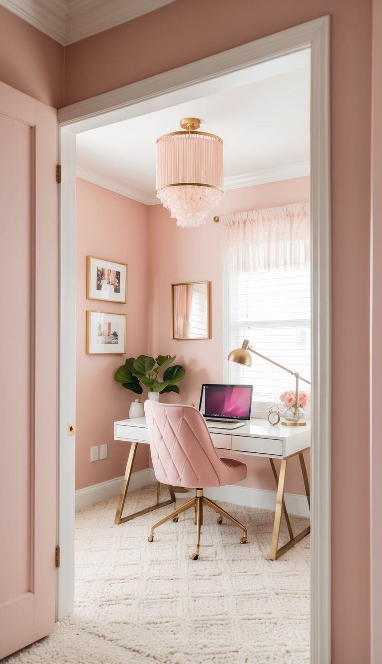 A cozy home office with soft blush pink walls, a stylish desk, and feminine decor