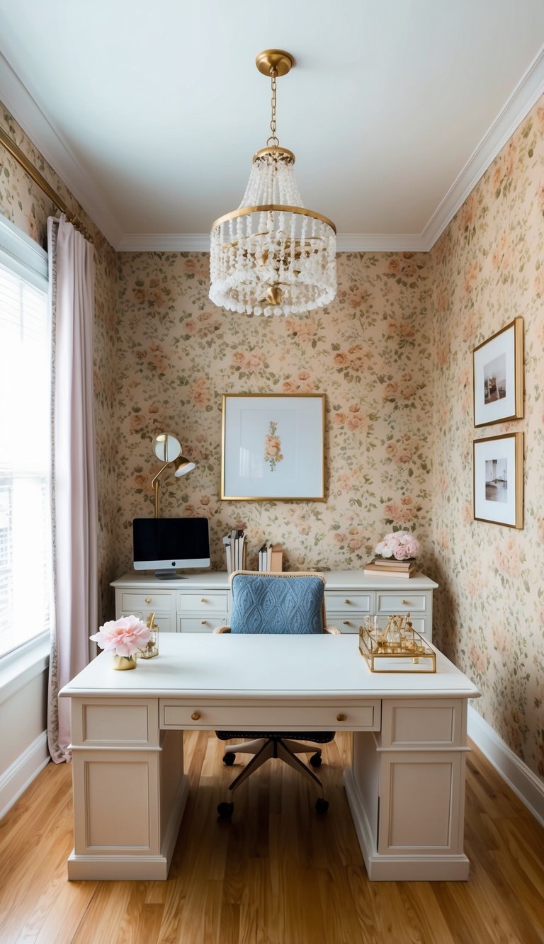 A cozy home office with a vintage floral wallpaper accent, soft lighting, and feminine decor. A stylish workspace with a desk, chair, and decorative elements