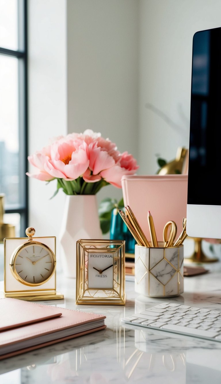 A white marble desktop with feminine office decor and accessories