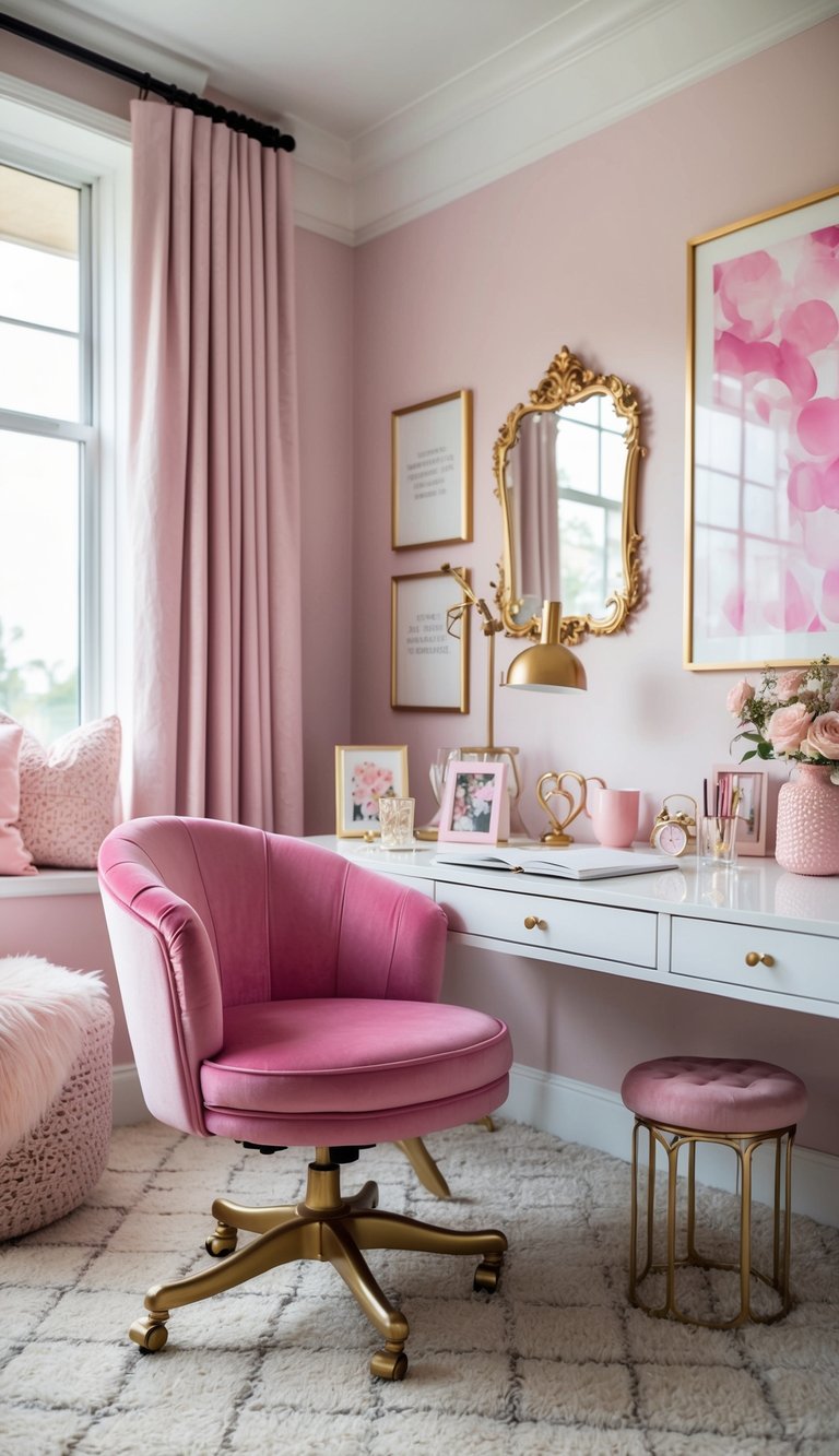 A velvet pink swivel chair sits in a stylish and dreamy feminine home office, surrounded by chic decor and a cozy atmosphere