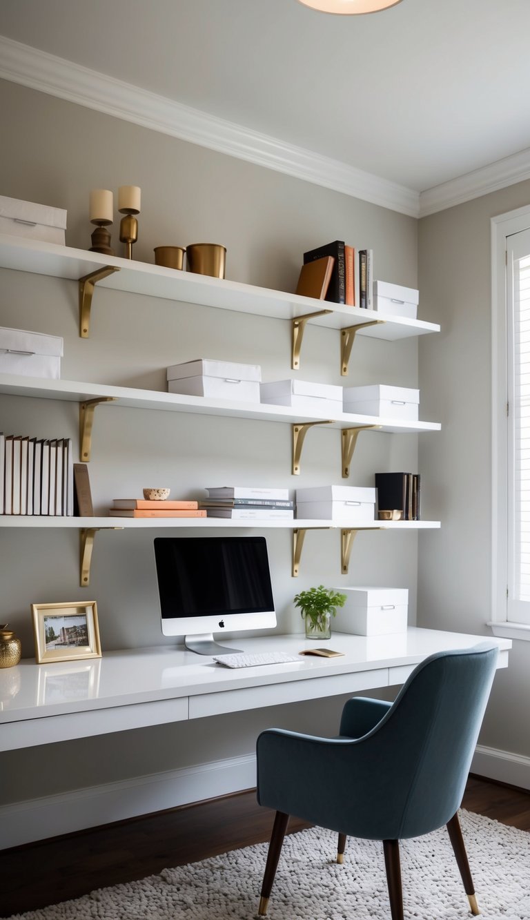 Floating white shelves with brass brackets adorn a stylish home office