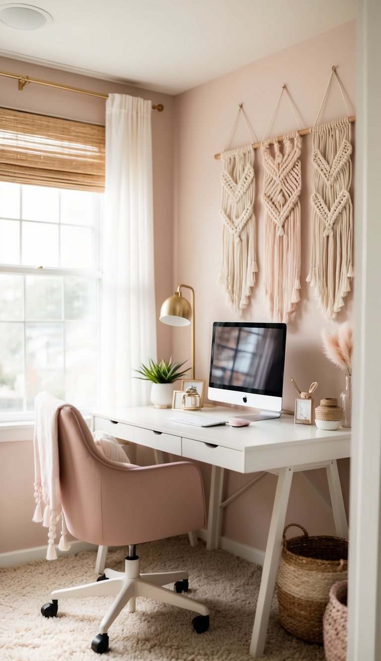 A cozy home office with macrame wall hangings, soft pastel colors, and feminine decor. A stylish workspace with a dreamy and tranquil atmosphere