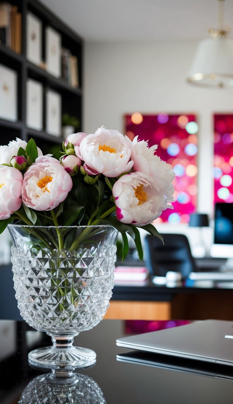 A crystal vase holds fresh peonies in a stylish home office