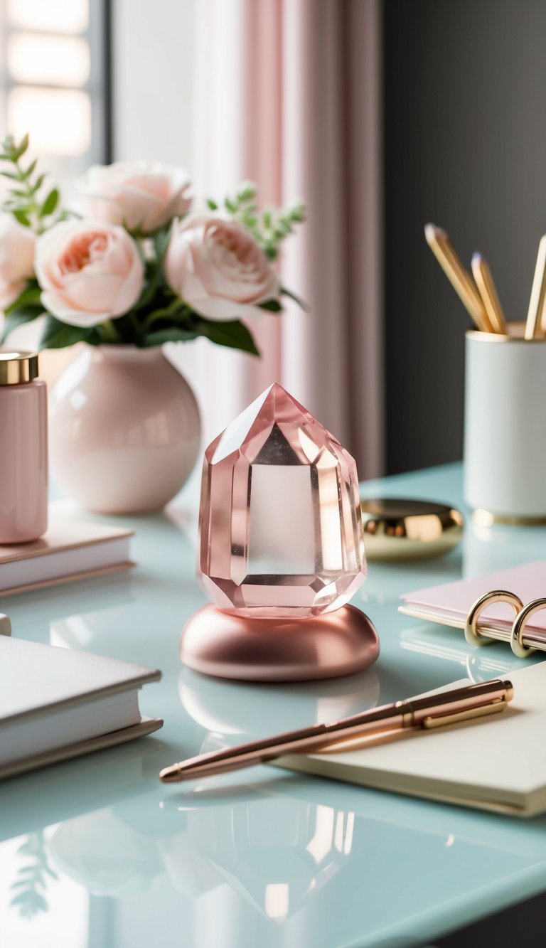 A rose quartz paperweight sits on a sleek desk surrounded by soft pastel decor and elegant office supplies