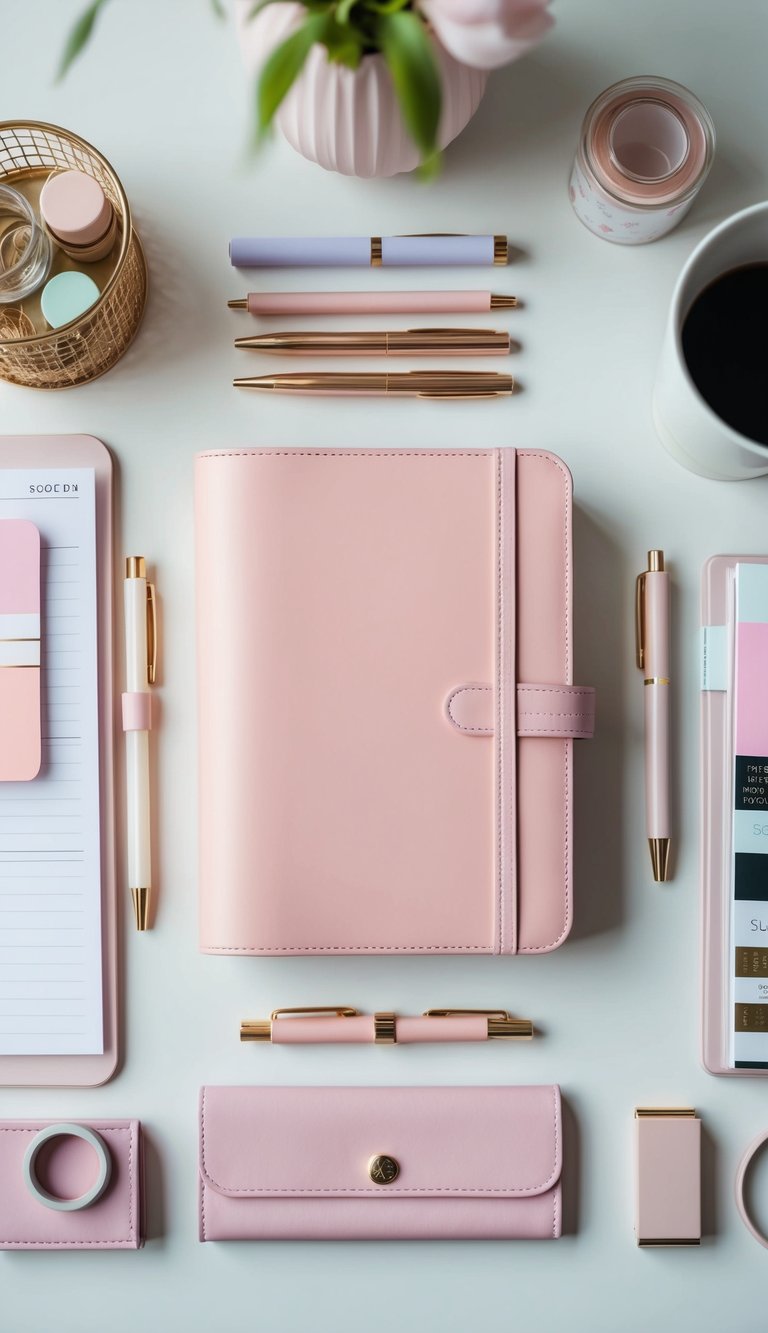 A light pink leather planner surrounded by pastel-colored office supplies on a clean, organized desk with soft lighting
