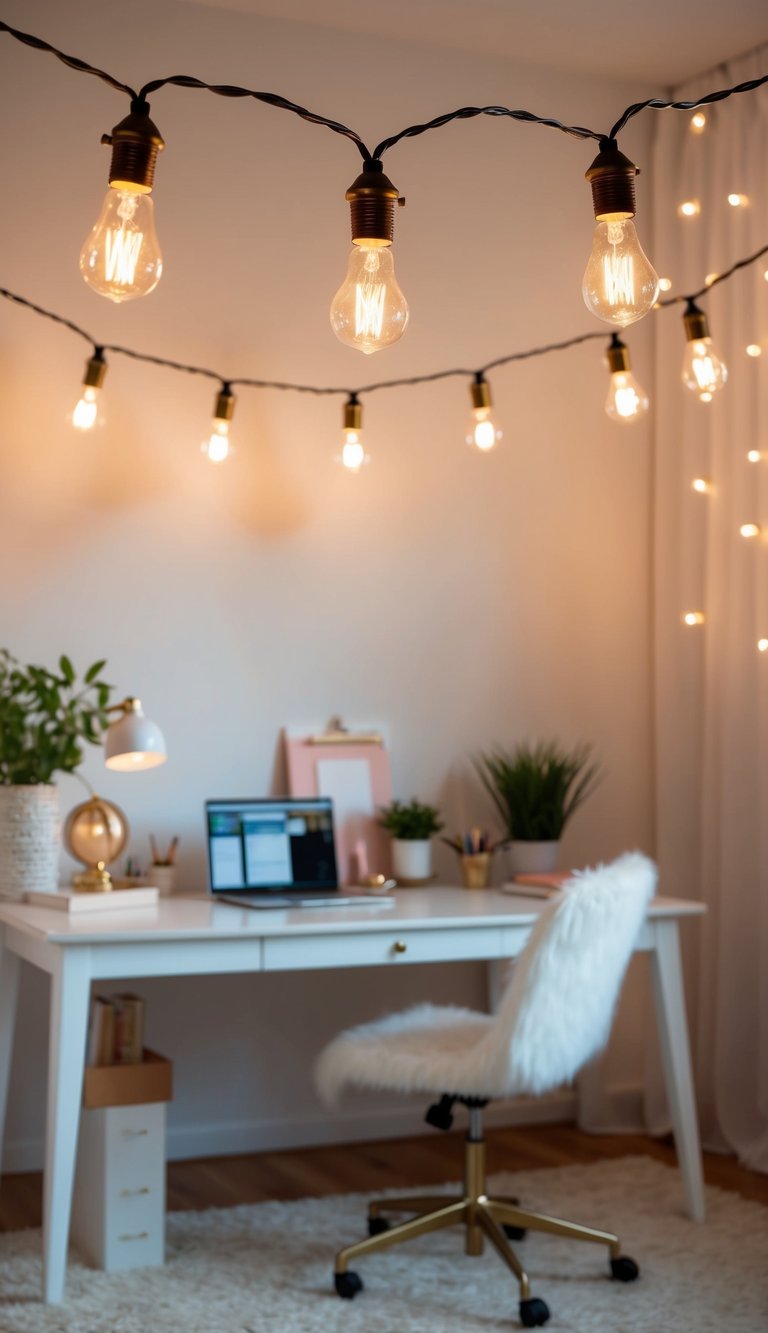 Fairy lights with warm bulbs hang above a stylish, feminine home office, creating a dreamy and cozy atmosphere