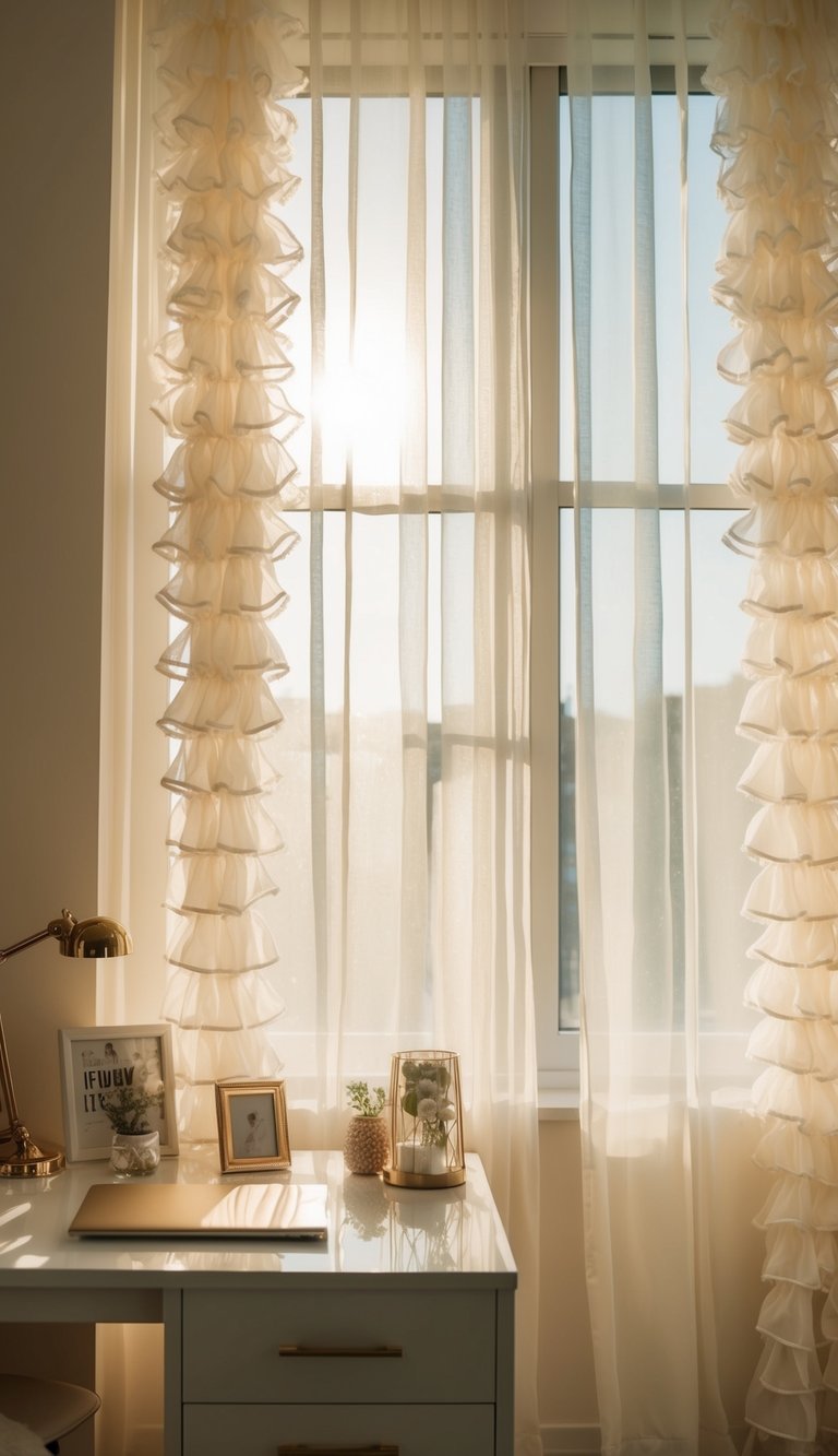 Sunlight filters through ruffled sheer curtains, casting soft shadows in a dreamy feminine home office. A stylish workspace with delicate decor and a cozy ambiance