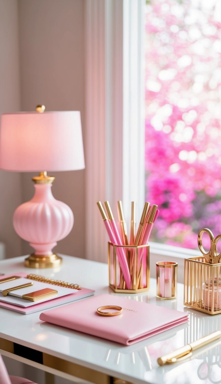 A pink and gold stationery set arranged on a stylish desk with feminine decor and dreamy lighting