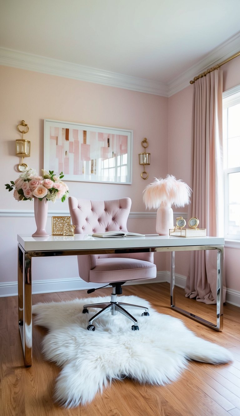 A fluffy faux fur rug sits beneath a sleek desk in a stylish and feminine home office, adorned with soft pastel colors and elegant decor