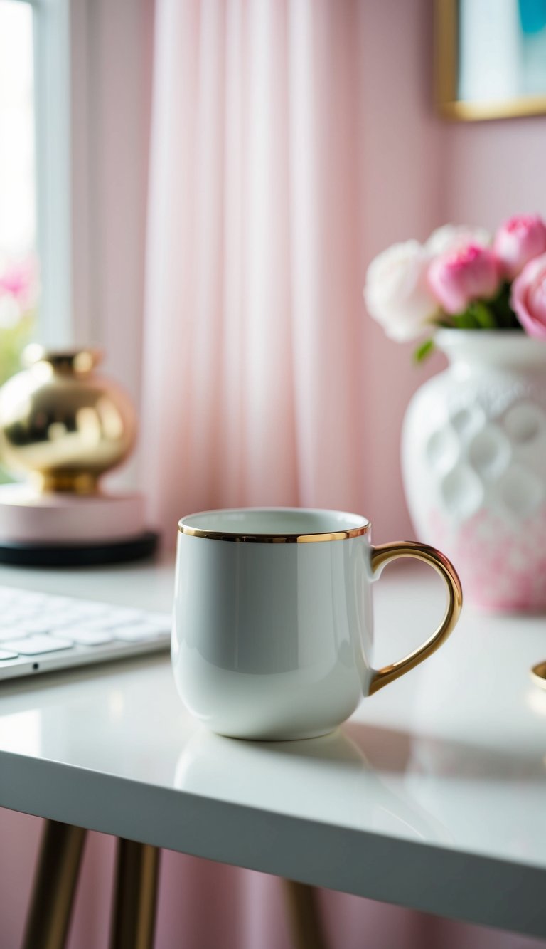 A white ceramic coffee mug with a gold rim sits on a stylish desk in a dreamy, feminine home office