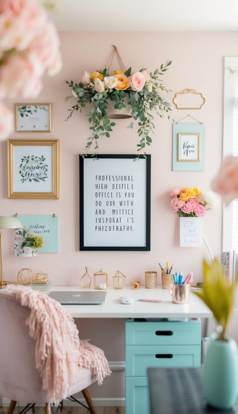 A cozy home office with soft pastel colors, floral decor, and a framed inspirational quote hanging on the wall