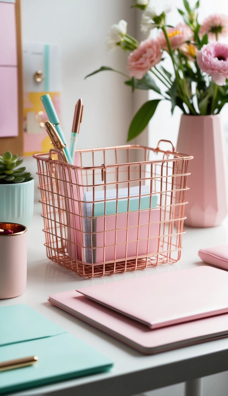 A copper wire basket organizer sits on a desk surrounded by pastel-colored stationery and fresh flowers, creating a stylish and feminine workspace
