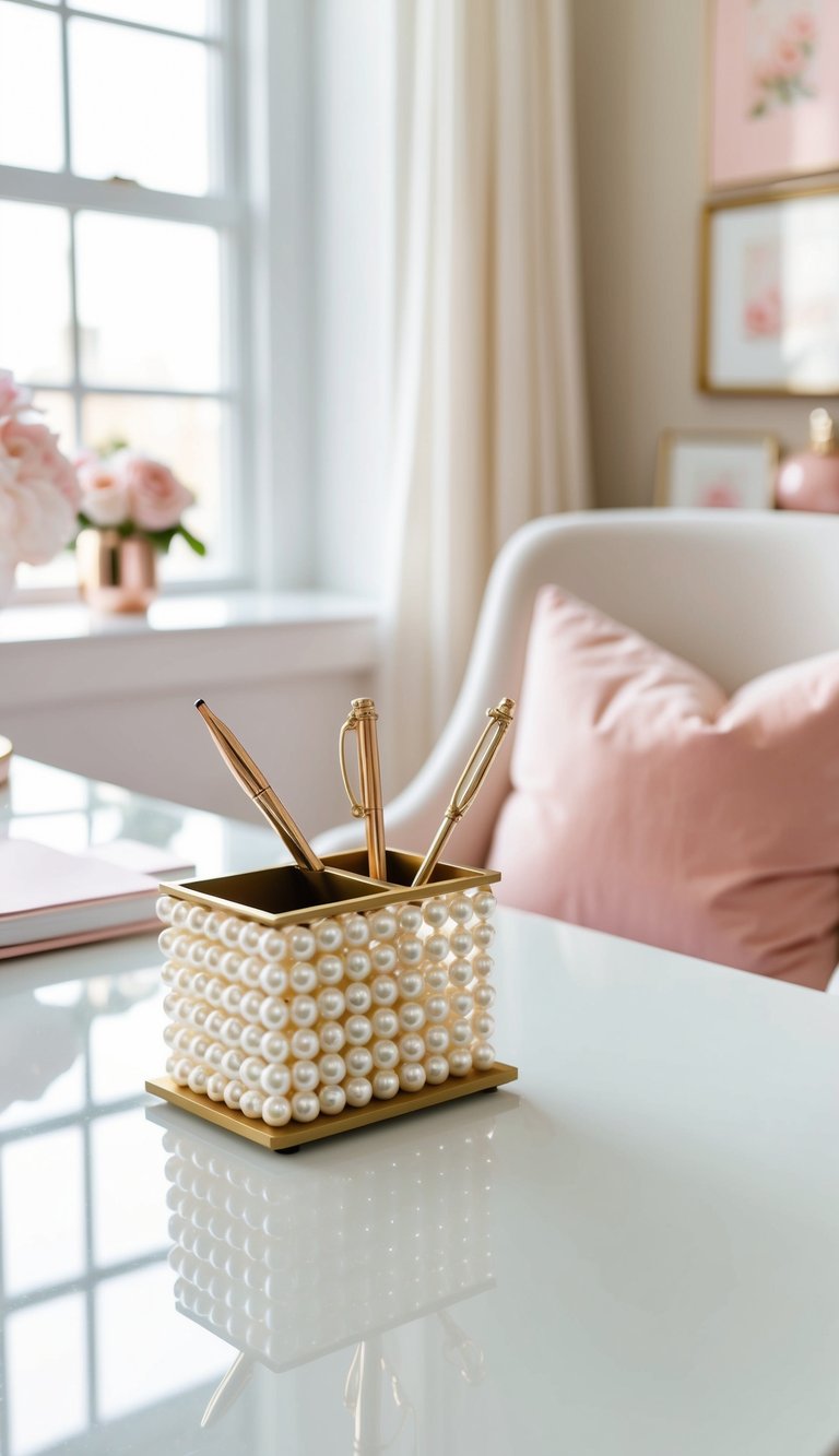 A white desk with a pearl-embellished pen holder, soft pink and gold accents, and a cozy chair in a feminine home office
