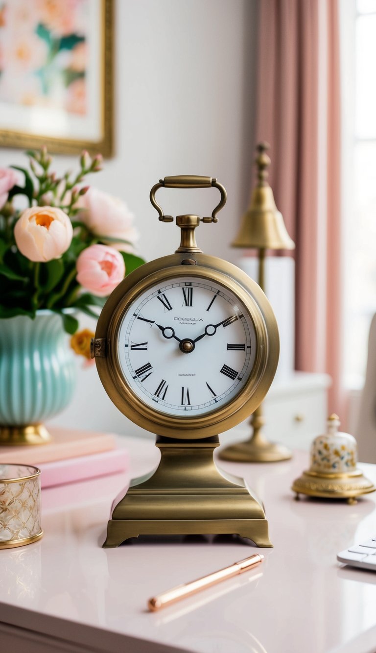 An antique brass desk clock sits on a stylish, feminine home office desk, surrounded by soft pastel colors and elegant decor