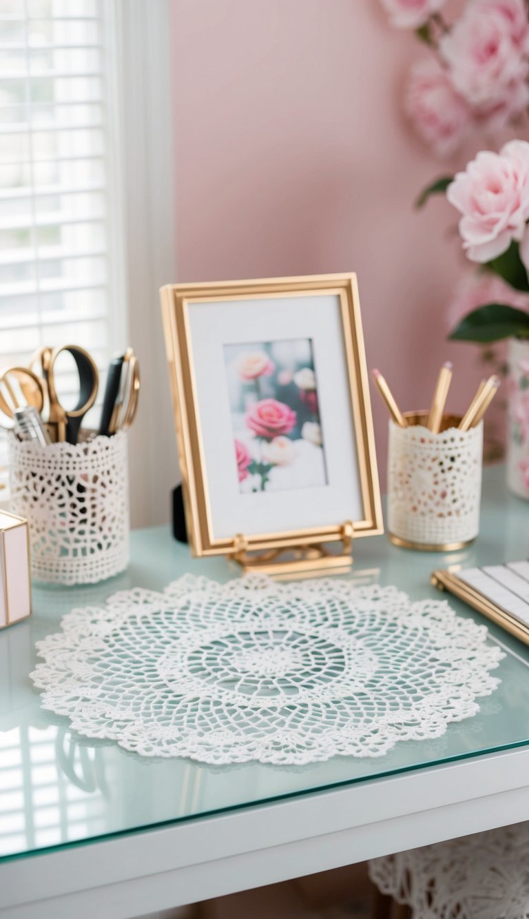 Lacy doilies adorn desk accessories in a stylish, feminine home office