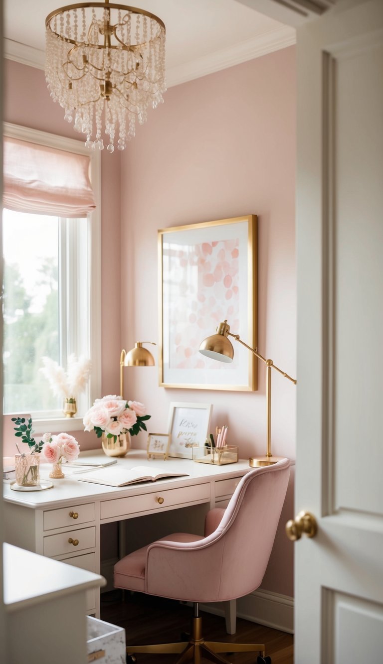 A cozy home office with soft pastel decor, elegant desk accessories, and dreamy feminine artwork. A stylish workspace with natural light and a touch of sophistication