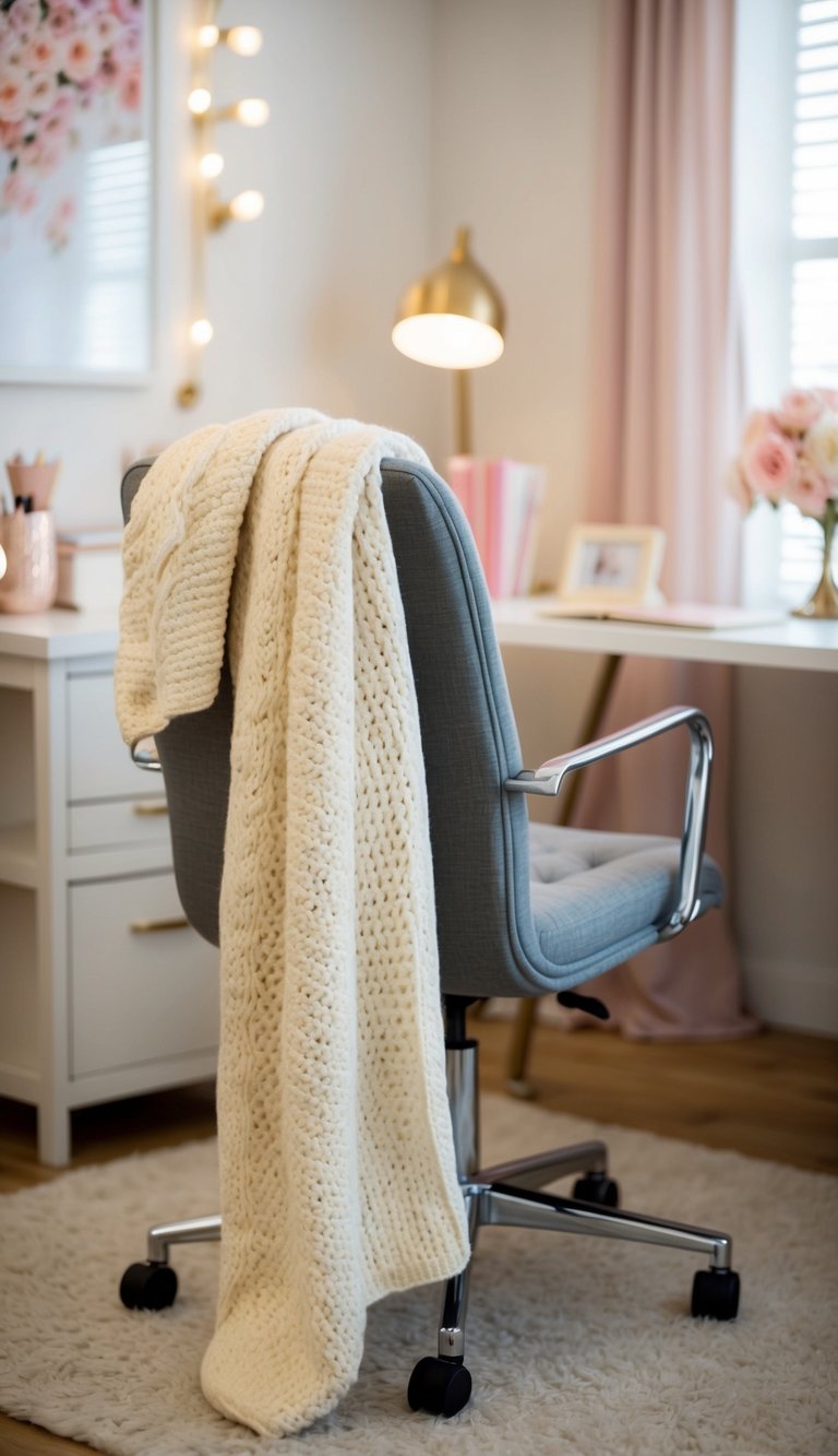 A cream knitted throw blanket draped over a stylish home office chair, surrounded by feminine decor and soft lighting