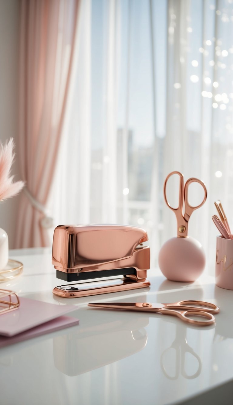 A rose gold stapler and scissors sit on a clean, white desk surrounded by soft, pastel-colored stationery and delicate decor. The sunlight filters in through sheer curtains, creating a dreamy, feminine home office space