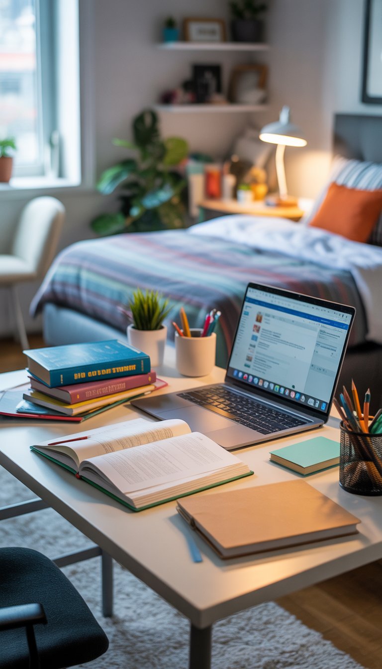 A dorm room with a tidy study desk, laptop, books, and a lamp next to a bed and shelves with plants.